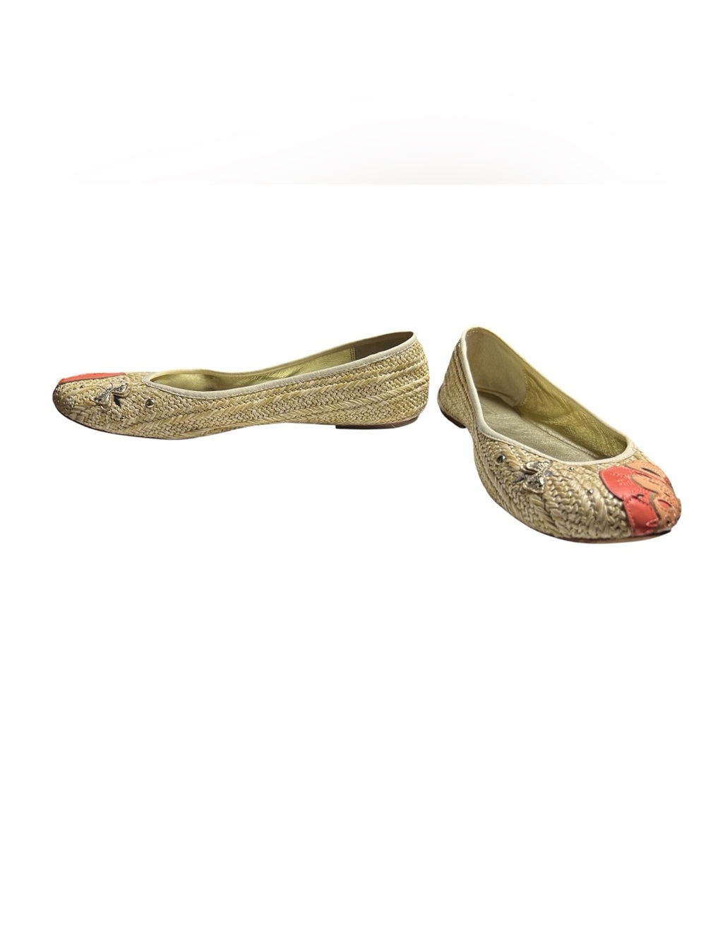 Coach Raffia Ballet Flats Beige Woven Leather Floral Butterfly Dragonfly Whimsy - Picture 3 of 11